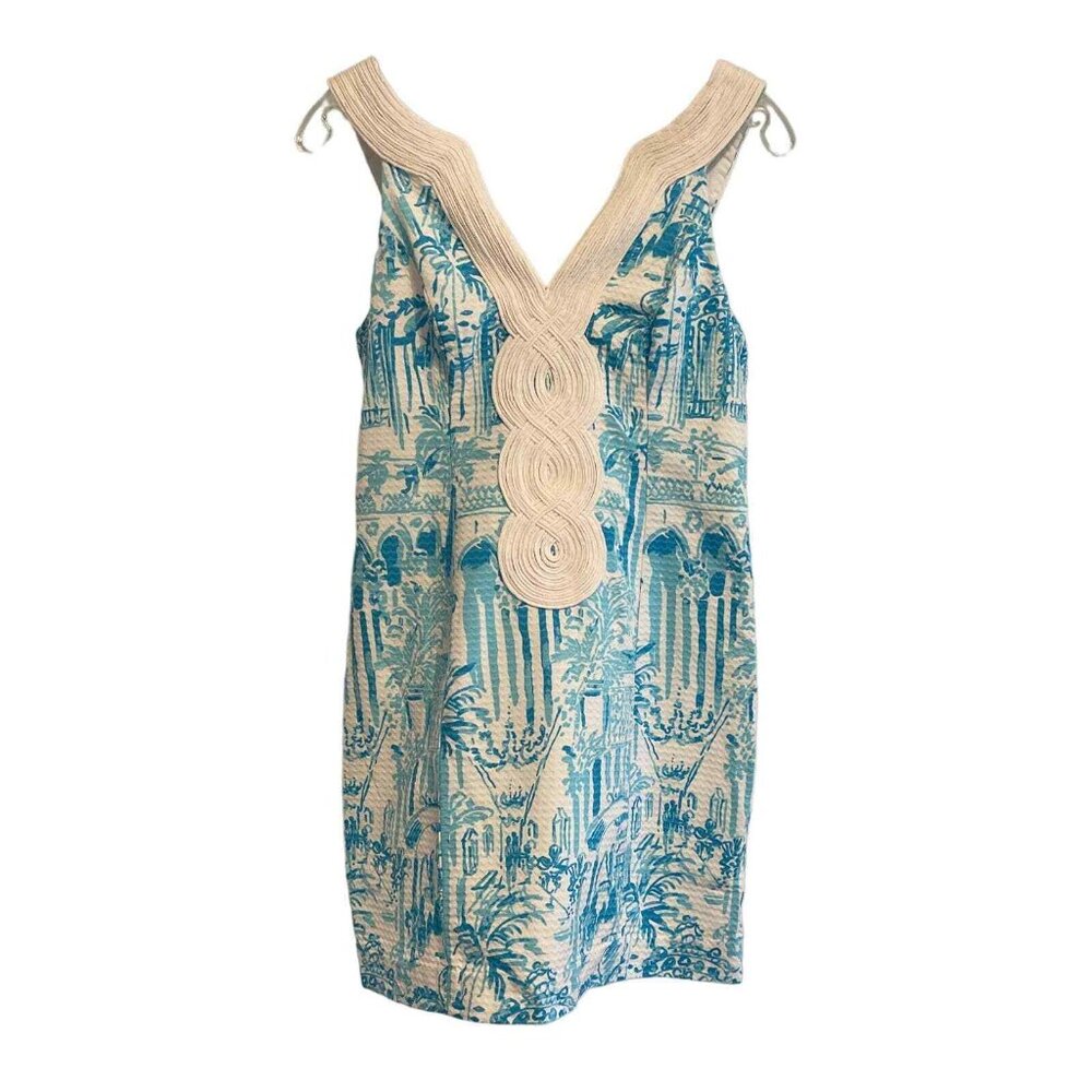 Lilly Pulitzer white and turquoise printed sleeveless dress with braid neck trim